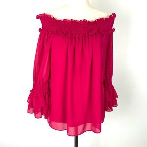 Entro Fuchsia Off The Shoulder Tiered Bell Sleeve Blouse M